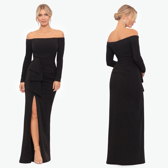 NWT XSCAPE Black NELLIE Off The Shoulder RUCHED Long Sleeve COLUMN Ruffle GOWN 6 - Picture 1 of 16
